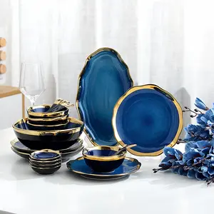 Conjunto De Placas De Cozinha Nórdica Grés Azul Escuro Tigela De Aro De Ouro Prato Conjuntos De Jantar De Cerâmica De Porcelana De Luxo Conjuntos De Louça Real