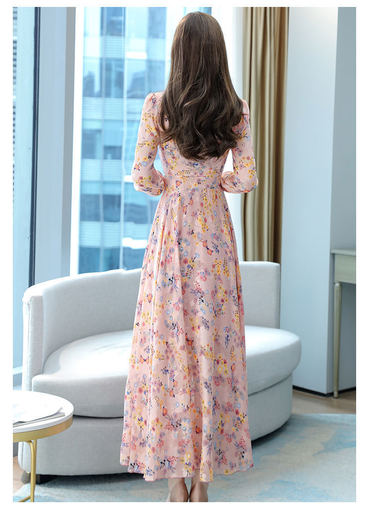 chinese dress ladies R.Vivimos Women Chiffon Print V Neck Long Sleeve Tie Waist Casual Boho Maxi  Dresses (Small,Green) at Amazon Women's Clothing store