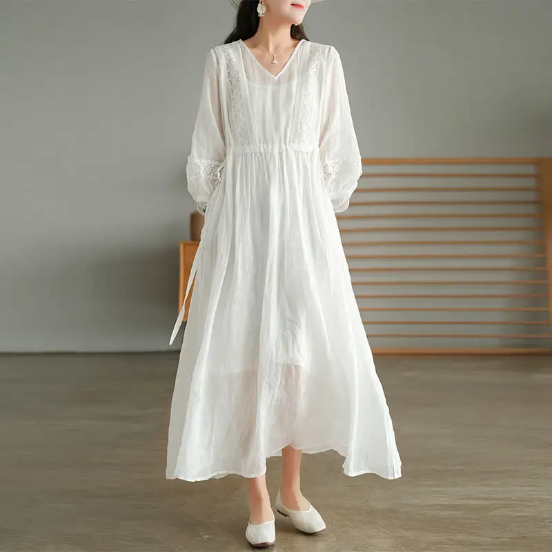 Wholesale 2022 Summer Comfortable Fashion Simple Three-quarter Sleeve Literary Style Lace-Up Long V-neck Fresh Casual Dress