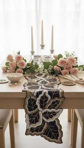 Best Selling <b>Black</b> Gold Floral Embroidered Table <b>Runner</b> for Home Dining Table and Festive Decoration Available For Sale - Product Image 5