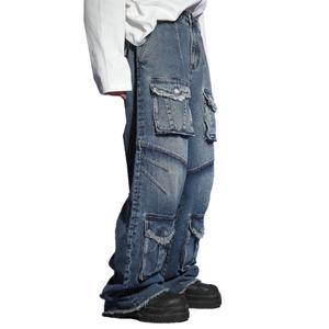 Pantalon Cargo en Jean Y2K Unisexe, Style Vintage Délavé, Coupe Oversize Décontractée, Jean Lourd avec Genoux Plissés et Jambes Larges pour Hommes – Vente en Gros - Product Image 3