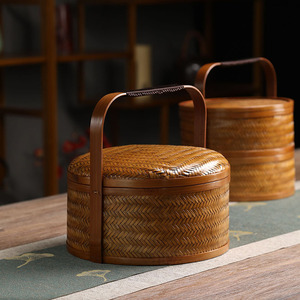Handmade bamboo woven <b>basket</b>, retro style, double-layer bamboo food box, mooncake gift box, portable tea set <b>storage</b> box - Product Image 3