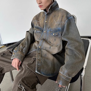 Wholesale Custom logo Wasteland Style Distressed Mud-dyed Washed Heavyweight Loose <b>Men's</b> <b>Denim</b> Jacket - Product Image 6