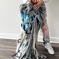 MZN High Street Hip-Hop Cargo Pantalon Stonewashed Denim Jeans Skull Bones Brodé Patches Rivet Décoration Solide Conique Baggy