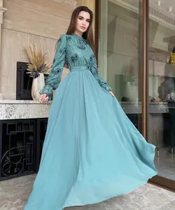 Latest Design Plain Chiffon Dress Long Sleeve Lace With Embroidery Fabric For Party Dress