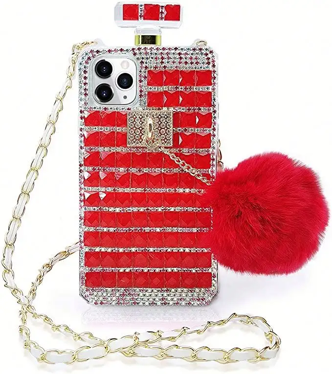 Fashion Girl Rhinestone Perfume Bottle Phone Cases For iPhone 11 12 13 Pro Max 7 8 Plus Diamond Cover With Crossbody Chain