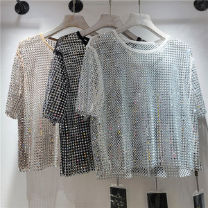 Luxury <strong>Sequin</strong> Embroidery <strong>Mesh</strong> See Through Shirt Women Sexy Bead Lace Short <strong>Tops</strong> - Product Image 3