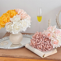 Großhandel Künstliche Rosen-Blumensträuße mit Echtgefühl Latex Erröten Gelb-Rot Bouquet 25cm 5 Blüten für Hochzeit Heim Tisch Vase Dekoration