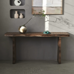 Console d'entrée en bois massif à bord naturel avec bandes décoratives modernes, comptoir mural en bois massif - Product Image 4