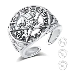 Changda 925 Sterling Silver Pagan Wiccan Hip Hop Jewelry Pentacle Split Pentagram Ring For Men