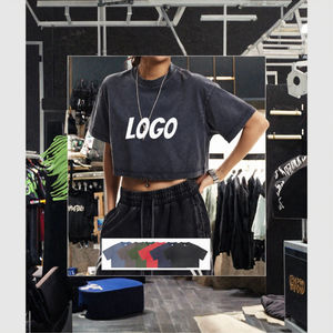 เสื้อครอปสตรีแนววินเทจผ้าฝ้าย100% 230gsm เสื้อยืดซักกรดพิมพ์ลายถักแบบลำลองฤดูร้อน - Product Image 3