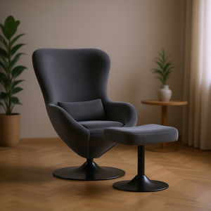 Poltrona a Uovo in Velluto Grigio Scuro con Poggiapiedi, Set di Arredamento Moderno per Soggiorno - Product Image 2