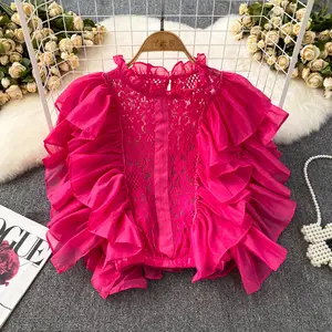 Lace Blouses Women Tops Hollow Out Ruffles Sweet Sleeveless Hook Flower Casual Polyester Woven for Women Shirts Women 7 Colors