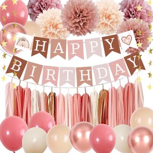 Decoraciones de <span class=keywords><strong>Cumpleaños</strong></span> para Mujer, Globos de Fiesta Rosa Pálido Retro, Pancarta Boho de <span class=keywords><strong>Feliz</strong></span> <span class=keywords><strong>Cumpleaños</strong></span>, Pompones de Papel, Guirnalda de Borlas - Product Image 1