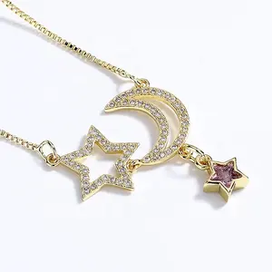 Rose Quarts Moon Beautiful Lock High Quality Wholesale Gold 18K Pendant New In Fashion Jewelry Necklace