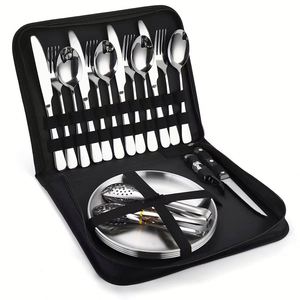 Juego de Cuchillos, Tenedores y Cucharas de Acero Inoxidable, 20 Piezas, Pinzas para Barbacoa, Plato para Cena, Cubertería Portátil para Acampar al Aire Libre - Product Image 1