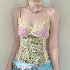 Sweet Girly Pure Style Lace <b>Patchwork</b> Color Block Vintage Print Camisole Fashion Sexy Slim Fit Tank <b>Top</b> for Women - Product Image 1