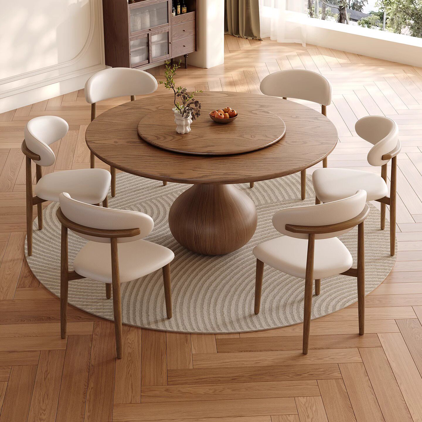 Vintage Style French Retro Solid Wood Round Dining Table and Chair