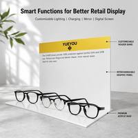 Présentoir à lunettes en acrylique blanc brillant avec bande de tête jaune et panneau graphique interchangeable, 3 positions pour lunettes, support de comptoir