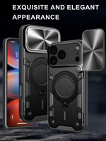 Coque de protection magnétique rigide en métal avec support et protection coulissante pour appareil photo 360° pour iPhone 7 8 XS XR X 11 12 13 14 15 Plus 16 17 18 Air Pro Max