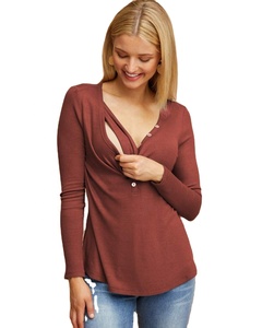 suave rayón costilla cuello V manga larga de enfermería para <span class=keywords><strong>maternidad</strong></span> lactancia materna Henley superior para posparto madre - Product Image 1