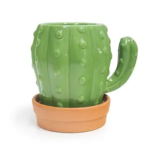 热销独特陶瓷绿色仙人掌杯咖啡杯带压花图案