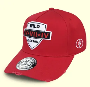 Mode Streetwear Custom Logo 5 Panel Baseball Cap Hut, Distressed Rip Vintage rote Baseball kappe, Herren Distressed Baseball Caps