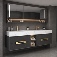 Meuble-lavabo double vasque flottant de luxe avec armoire miroir LED et étagère frontale ouverte à cannelures foncées pour projets hôteliers et d'appartements