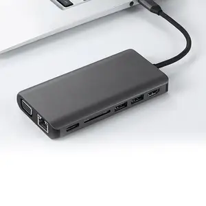 Hub 8-en-1 multifonction type-c vers HDTV, VGA, 2 ports USB 3.0, Ethernet RJ45 Gigabit, carte SD/TF, convertisseur Audio 3.5mm