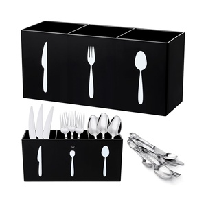 Boîte de <span class=keywords><strong>rangement</strong></span> moderne en plastique acrylique à 3 grilles pour argenterie <span class=keywords><strong>Vaisselle</strong></span> rectangulaire Cuisine Restaurant Stockage des aliments Aluminium - Product Image 1
