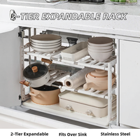 Étagère de rangement de cuisine pliable à double niveau en acier inoxydable écologique, à poser au-dessus de l'évier, pour organiser les assiettes et les bols