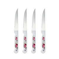 Ensemble de 4 couteaux à steak en acier inoxydable dentelé avec un motif floral écologique sur le manche