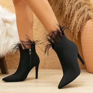 冬季新款黑色莱卡尖头高跟短靴女式时尚拼接羽毛侧拉链优雅时尚靴子