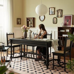 French <b>Retro</b> Solid Wood Rectangular <b>Dining</b> <b>Table</b> Black Carved Design Modern Minimalist Style Stable Structure For Home Use - Product Image 1
