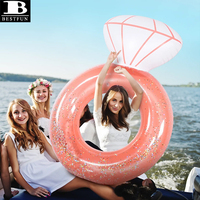 Bouée géante gonflable en forme de bague de fiançailles avec confettis scintillants, tube de natation en PVC durable, radeau de piscine, jouets de fête aquatiques pour adultes et enfants