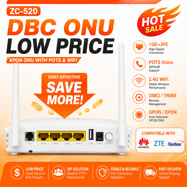 DBC ONU Low Price XPON ONU 1GE+3FE+POTS 2.4G WiFi Compatible with Huawei OLT same as EG8141A5 H8546M