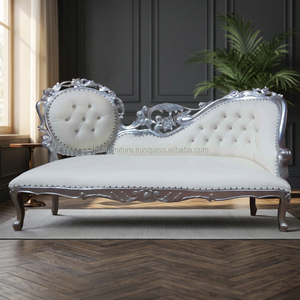 Chaise longue européenne sculptée en bois massif, cadre argenté, revêtement blanc crème en cuir synthétique, mobilier de maison baroque - Product Image 2