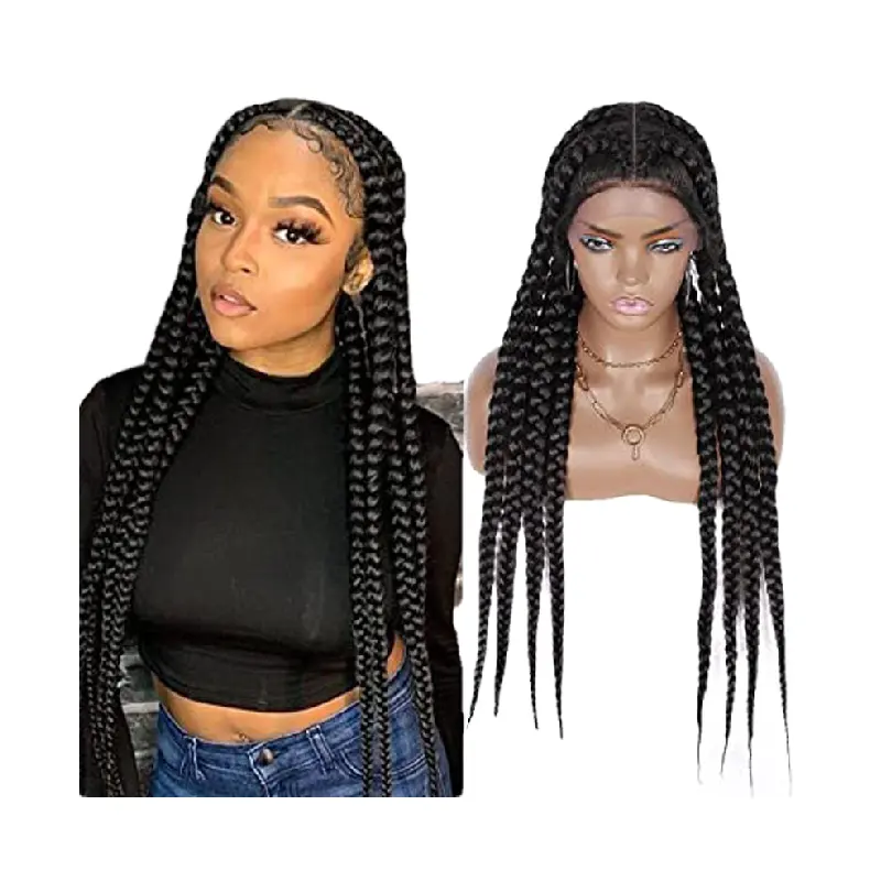 Wholesale African Knotless Box Braiding Hair Wig Glueless Synthetic Hair Vendors Full Lace Front Braided Wigs For Black Women