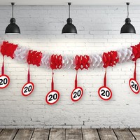 Guirnalda de Banderines con Números para Fiesta de Cumpleaños de Acero Inoxidable, Rojo y Blanco, con Diseño de Señales de Tráfico para Decoración