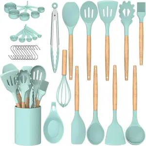 33 pcs không dính gỗ xử lý Silicone đồ dùng nhà bếp thiết lập với chủ thìa thìa nhà bếp đồ dùng gia đình