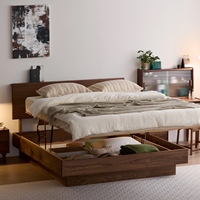 Lit king size en bois massif de style chinois, cadre de lit en noyer avec rangement, tête de lit sculptée, meubles de chambre à coucher