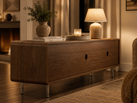Ensemble table basse et meuble TV en marbre beige crème, structure en bois massif, écologique, durable, plateau surdimensionné, mobilier moderne pour salon