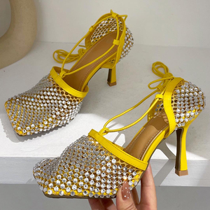 New Crystal Square Toe Women Sandals <b>Net</b> Design Cross Tied Party Runway Shoes Real Leather Air <b>Mesh</b> High Heels Woman - Product Image 1