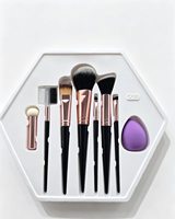 Set Kuas Makeup Grosir 7Pcs dengan Spons Kecantikan Ungu, Kotak Hadiah Heksagonal, Perlengkapan Kuas Kosmetik untuk Hadiah Makeup