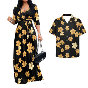 Серые гавайские комплекты для пар с цветочным принтом: модные повседневные рубашки для мужчин и платья для женщин из мягкой ткани - Product Image 3