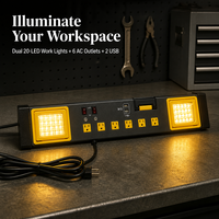 Multiprise métallique robuste BAREP homologuée CUL avec 6 prises, lumière de travail LED et 3 ports USB-A+C pour atelier, établi ou montage mural