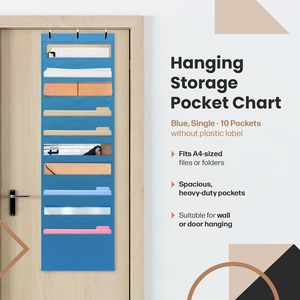 <b>Storage</b> Pocket Chart 10 Pockets Blue Nylon Hanging Organizer for Classroom Office With 3 Stainless Steel Hangers - Product Image 6