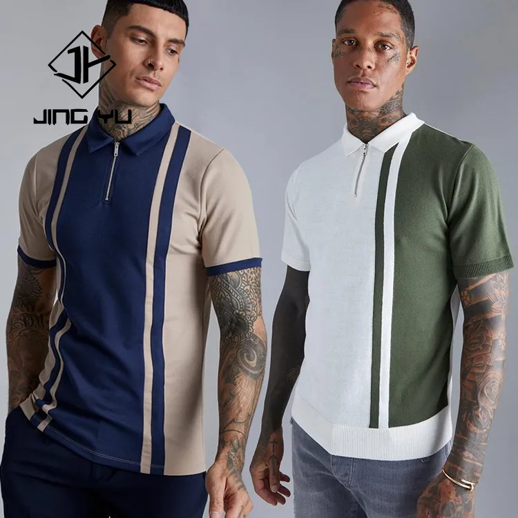 Slim Fit Zip Contrast High Quality Stripe Colorblock Knitted Men New Design 2 Tone Custom Polo Shirts