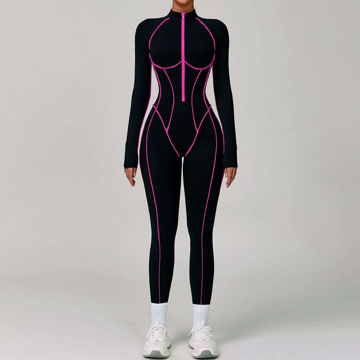 XW-ELT9317 Long Sleeve Workout Top Zipper Backless Sportswear Color Line Yoga One Piece Bodysuit Gym Fitness Yoga Jumpsuits