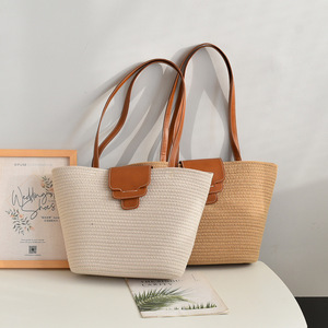 Woven Tote Bag Cotton Yarn Khaki Off White Horizontal <b>Square</b> Normcore Minimalist Everyday Use - Product Image 1